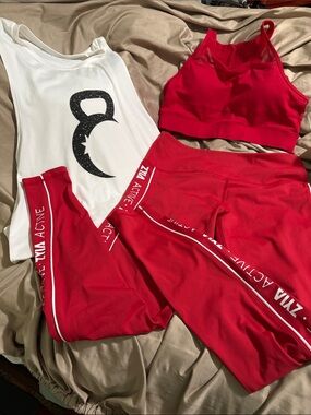 Zyia Active Women’s Red Seam Detail Leggings, Tank & Sports Bra Set